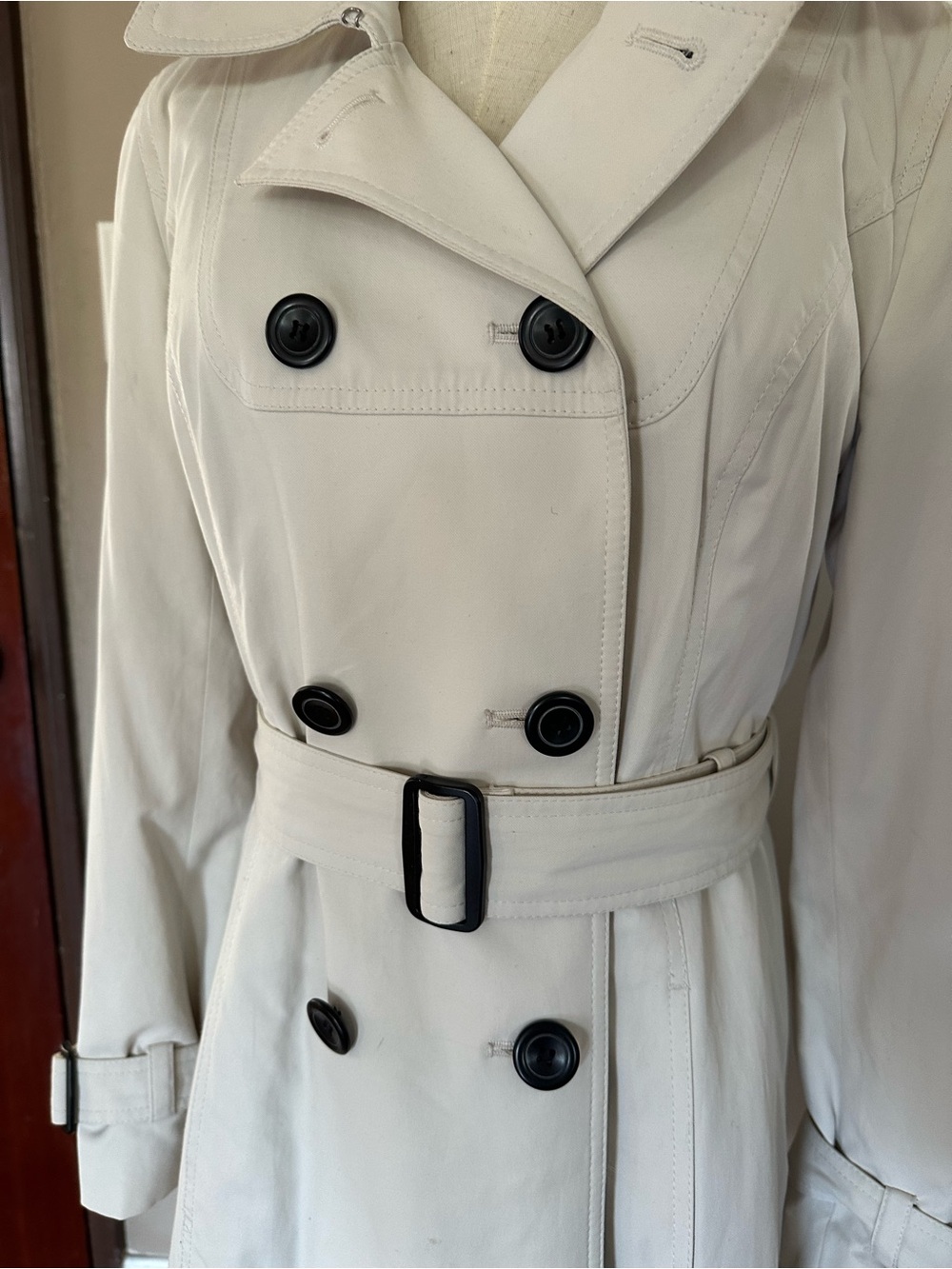 LOFT Cream Double-Breasted Trench Coat with Belt - Picture 3 of 13